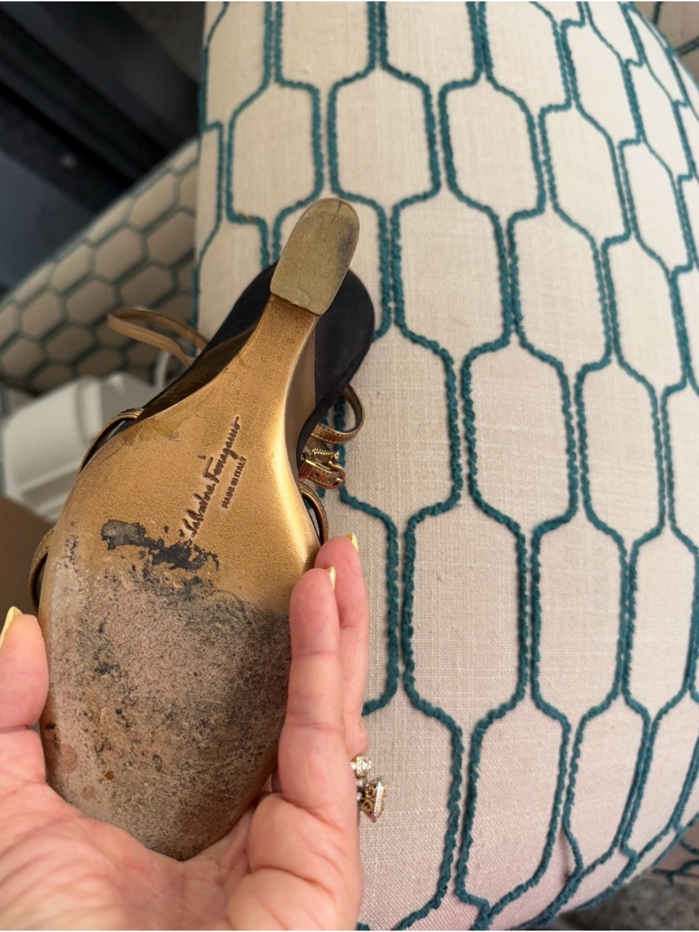 Salvatore Ferragamo Metallic Gold Strappy Slingback Heels - Picture 3 of 3